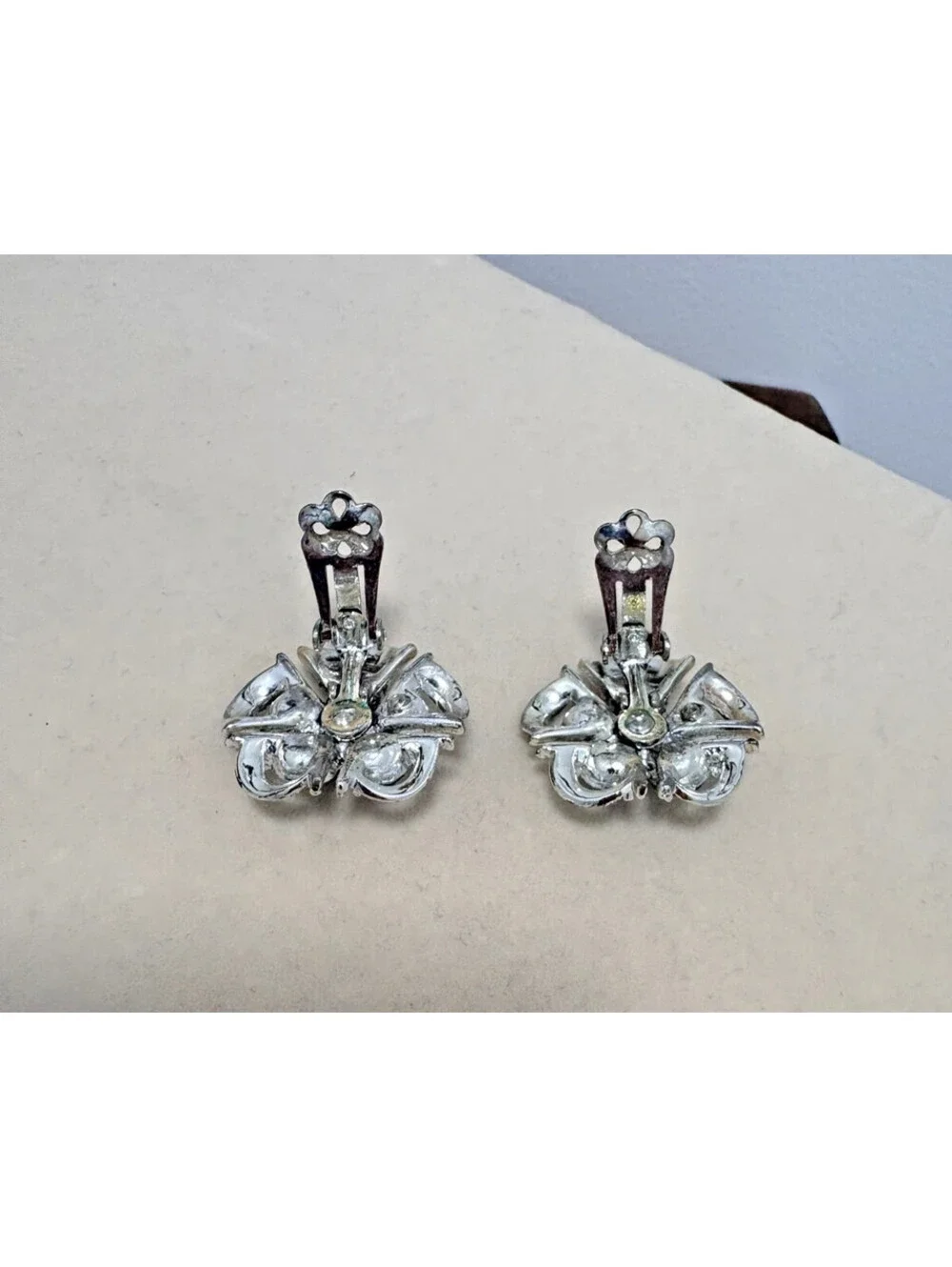 Vintage Coro Blue AB Rhinestone Silver Tone Flower Clip Earrings